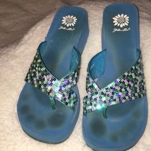 👈Teal Yellow Box Sandals